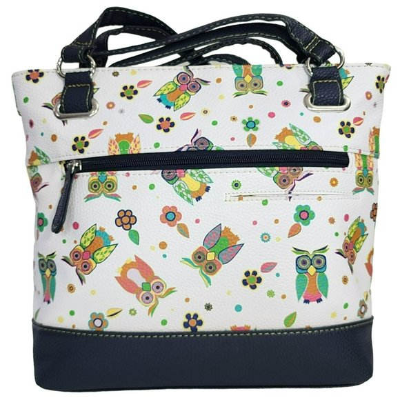 Stone Mountain Bonded Leather Printed Owls Megan Tote Shoulder Handbag 8 Pockets - Picture 2 of 16